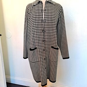 Houndstooth Maxi Sweater Cardigan Coatigan Wool Black White Knit Pockets Large